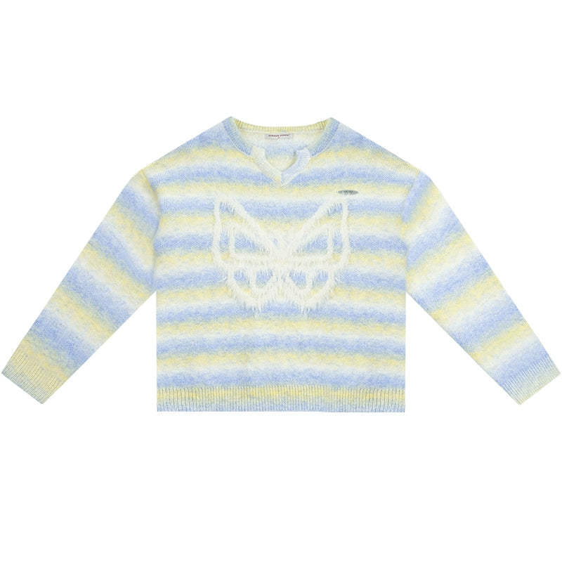 Yellow Blue Striped Hairy Butterfly Sweater | Soft Thick Retro Design for Autumn/Winter