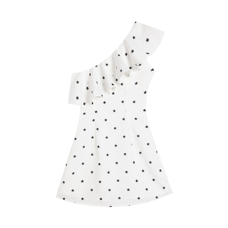 [Tipsy Star Ice Music] White Sloping Shoulder Backless Summer Dress