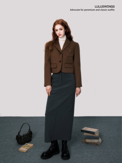 Retro Brown Short Wool Suit Coat - Autumn Maillard