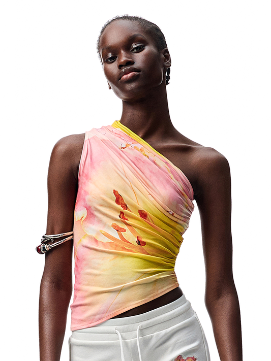 Summer Floral One-Shoulder Vest – Ruffled Slim Fit Sleeveless Top