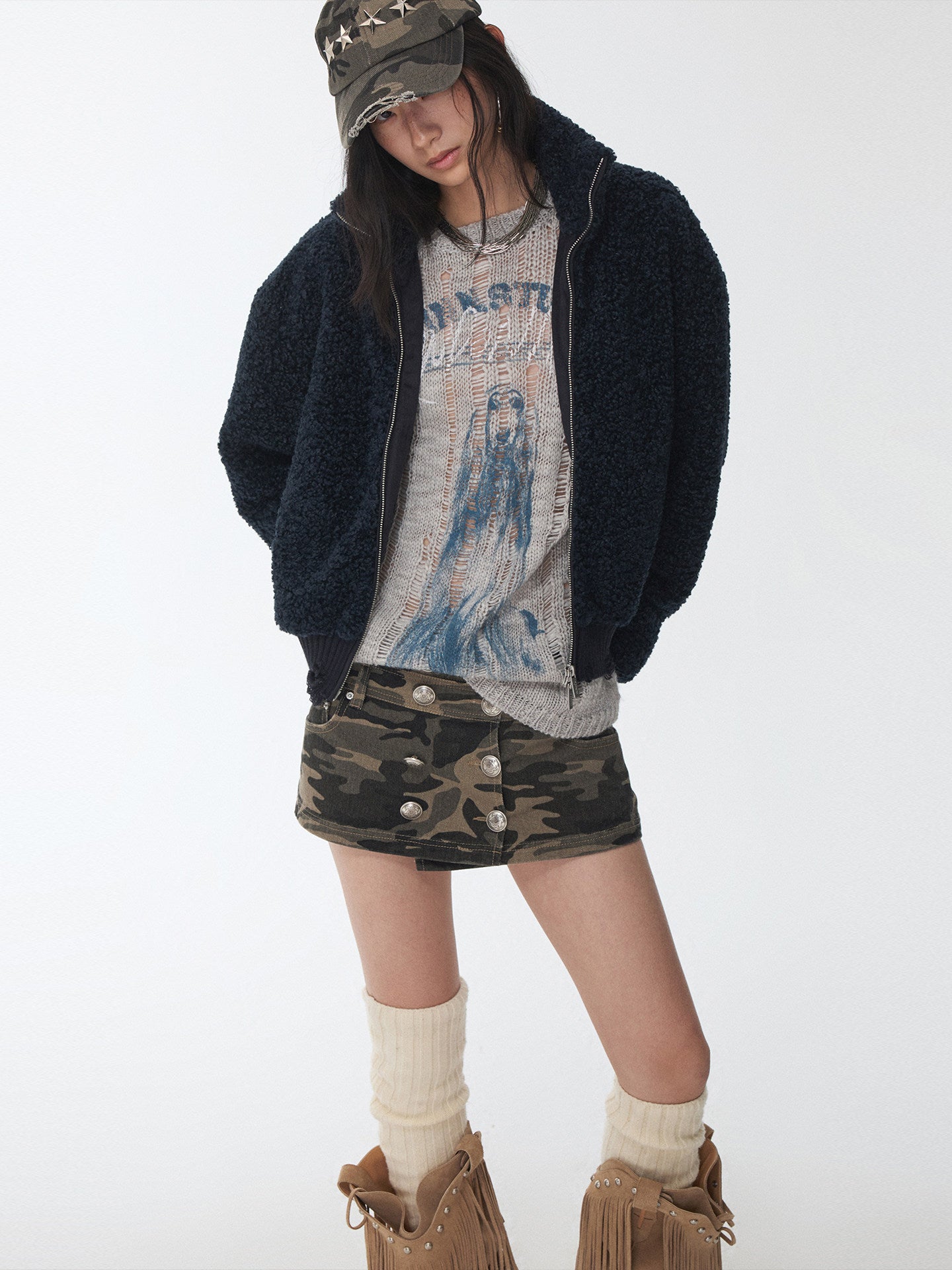 Stand-Collar Faux Shearling Cropped Jacket