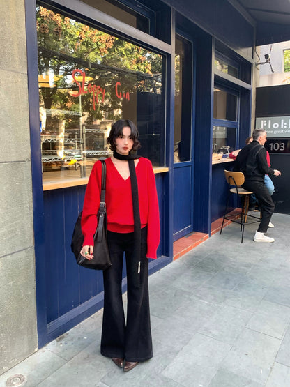 Wine afternoon elegant retro 2025 winter new high-waisted fleece thickened slim jeans bootcut pants floor-length pants for women