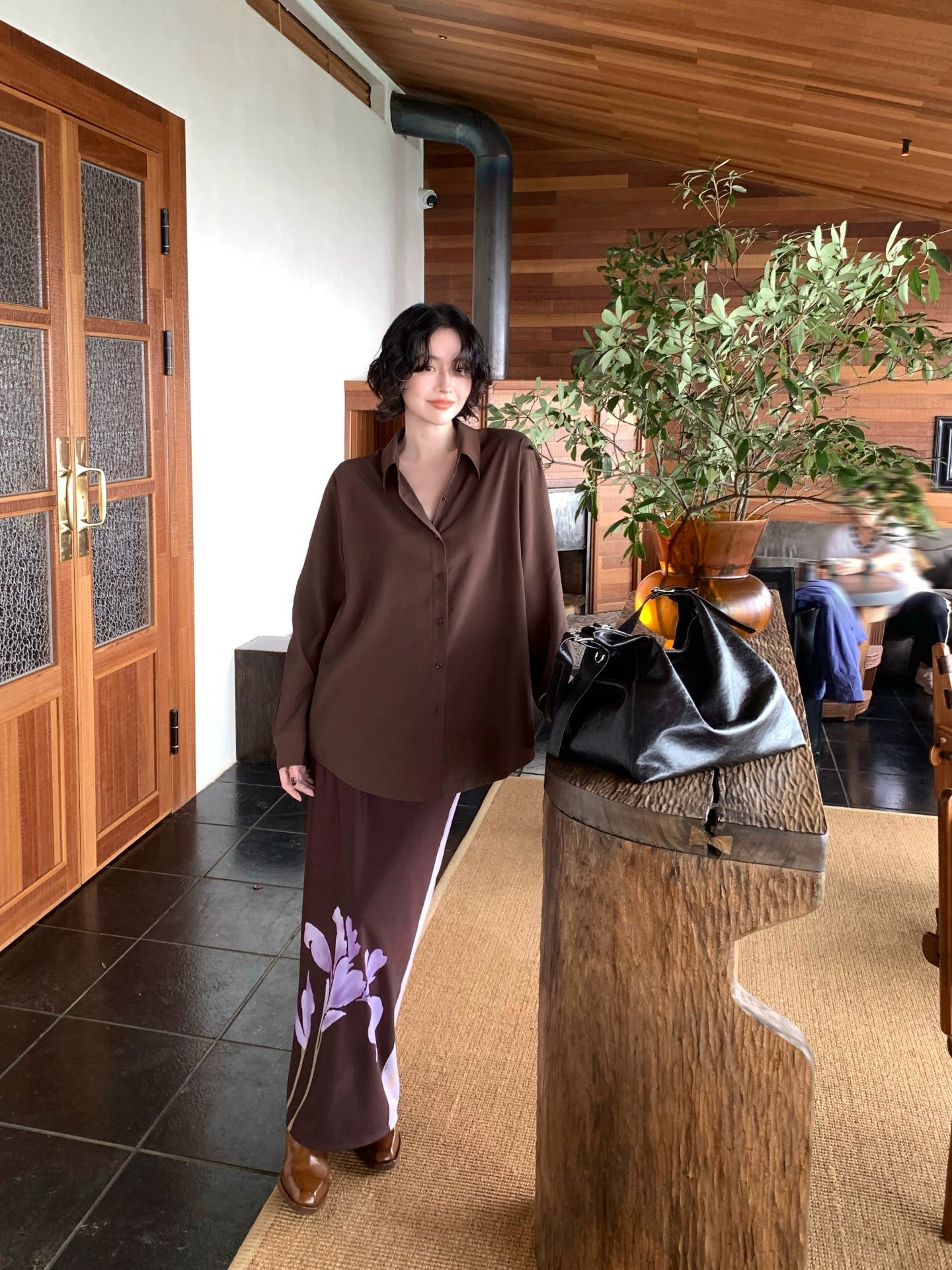 Ink-Dyed Floral High-Waisted Stretch Skirt – Wine Afternoon Retro Collection