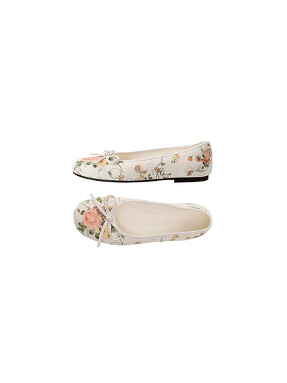 Three-Dimensional Bow Floral Canvas Ballet Flats with Sheepskin Lining