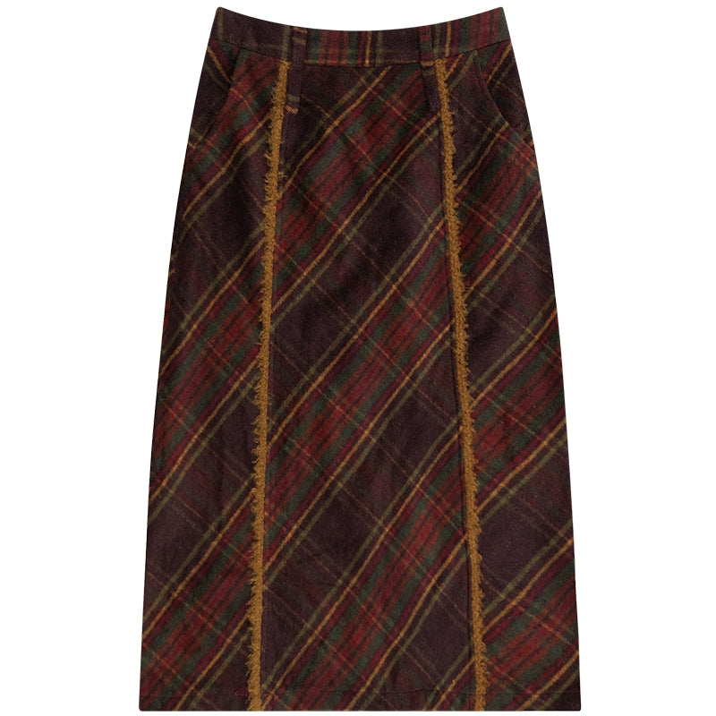 Red Checkered Wool Skirt | High Waist Retro Slim Fit for Autumn/Winter