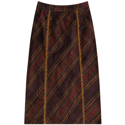 Red Checkered Wool Skirt | High Waist Retro Slim Fit for Autumn/Winter