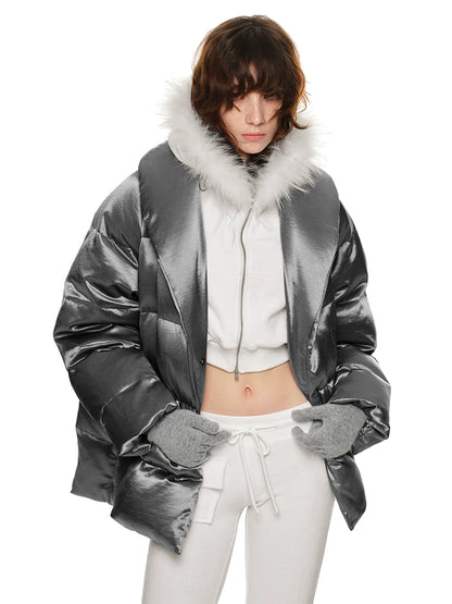 Silver Satin Down Jacket – 90% White Duck Down Thick Winter Puffer for Women