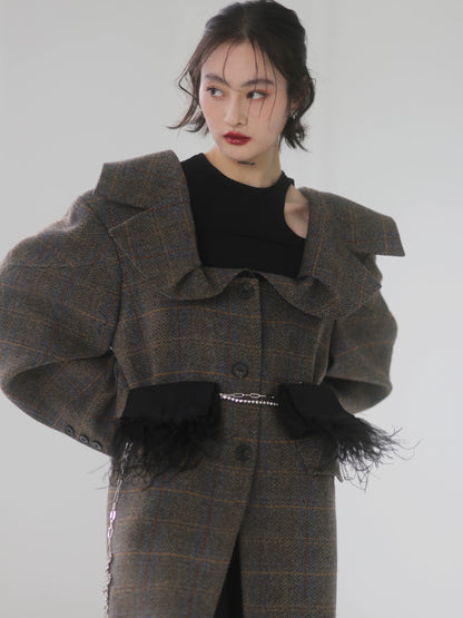 Generous Collar Off Shoulder Plaid Woolen Long Coat