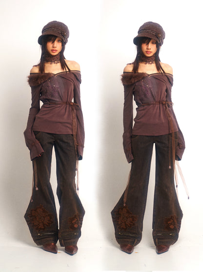 Fur-Collar Knit Long Sleeve Top – Soft Slim Style