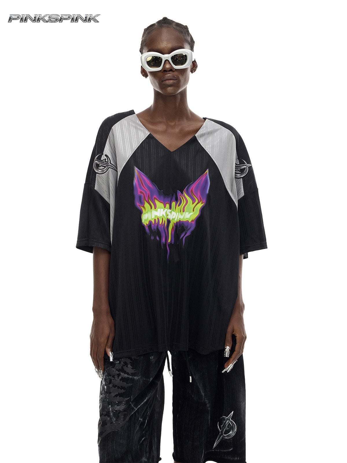 Electric Moon Flame Cat Graphic Jersey – Y2K Rock Streetwear Top