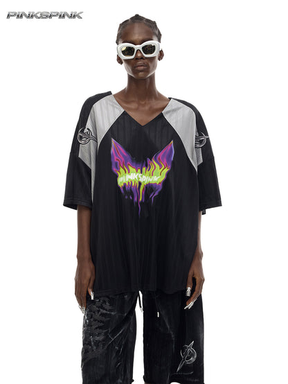 Electric Moon Flame Cat Graphic Jersey – Y2K Rock Streetwear Top