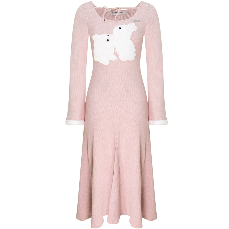 Plush Rabbit Knit Dress | Slim Fit Retro Long Sleeve for Autumn/Winter