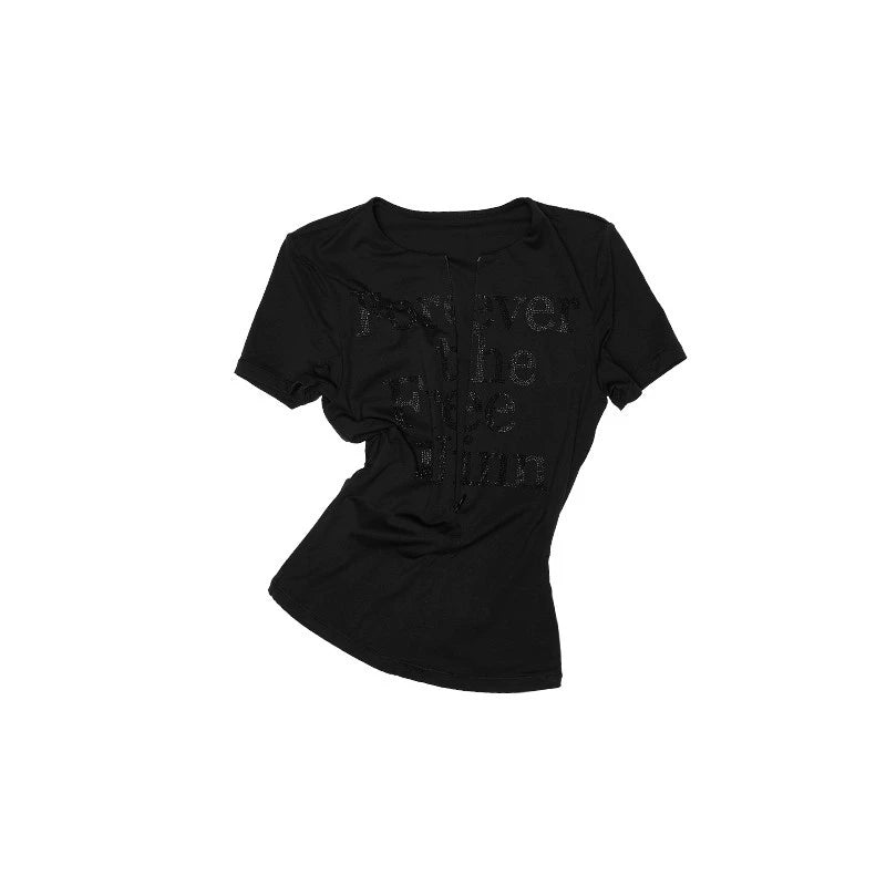 Floral V-Neck Lace Crop Top – Rhinestone Detail Slim Fit T-Shirt