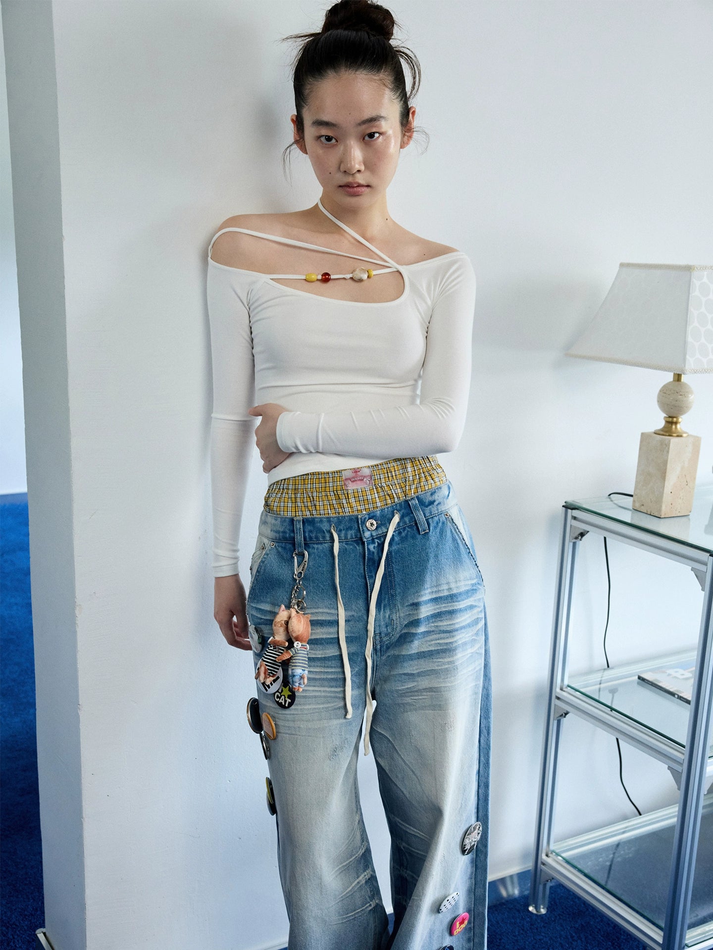 One-Shoulder Beaded Strap T-Shirt – Slim Fit Solid Long Sleeve Top