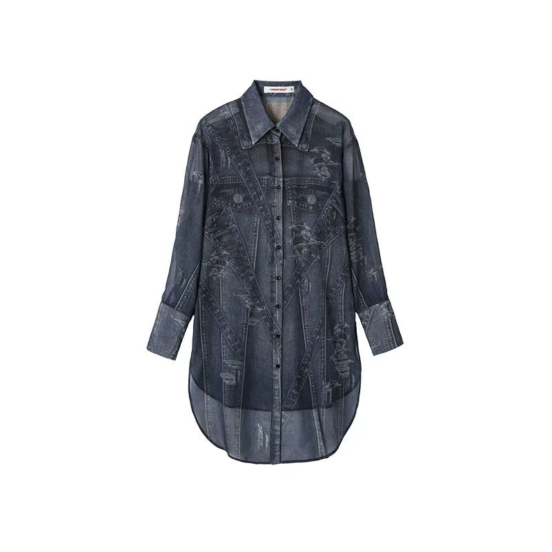 Denim Tie-Print Chiffon Long Shirt – Lightweight & Flowy Design