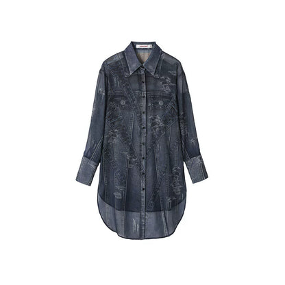 Denim Tie-Print Chiffon Long Shirt – Lightweight & Flowy Design