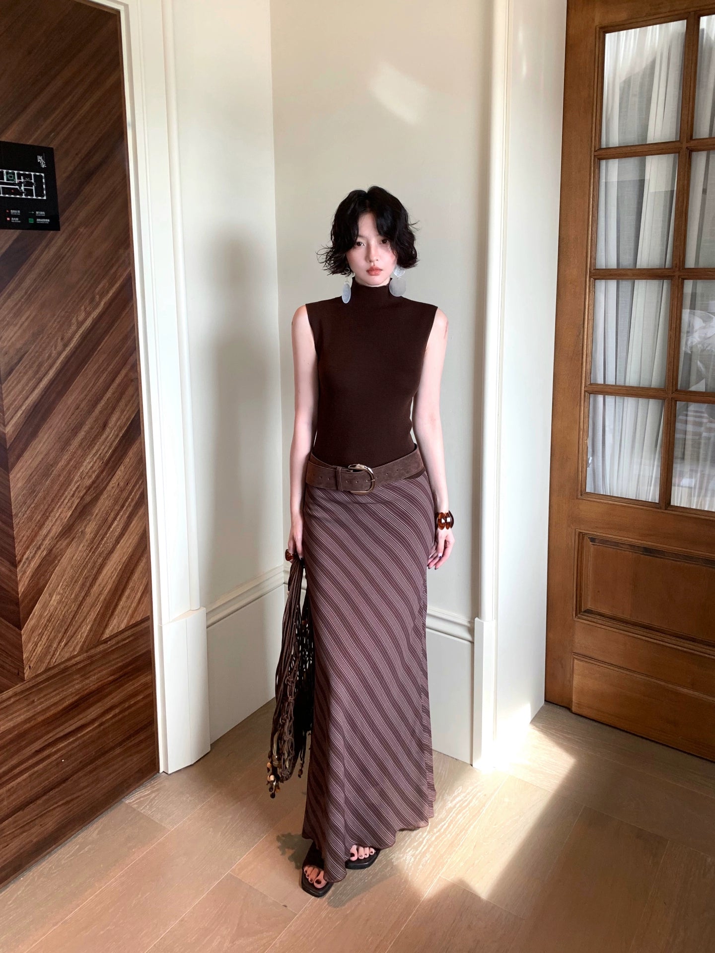 【Slanted Stripe】Hong Kong Style Retro 2025 Autumn New Style Slim Fit High Waist Long Skirt