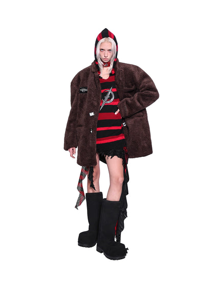 Caramel Suede Genderless Coat – Luxe Fur Loose Silhouette for Warmth