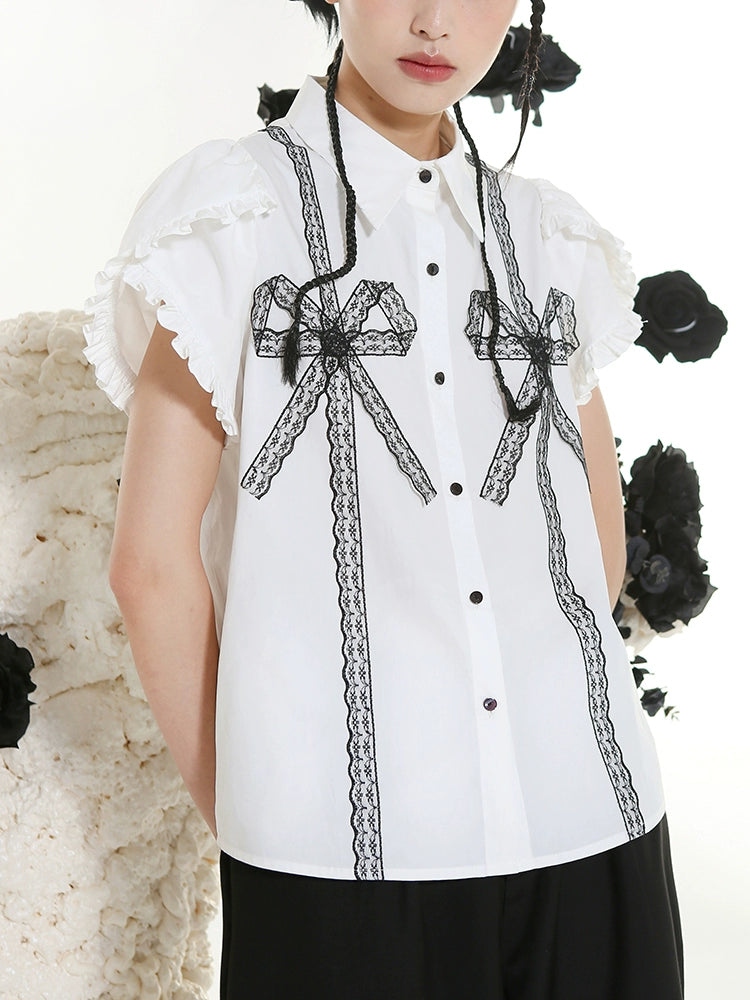 Dark Sweet Cool Lace Bow Short Sleeve Wood Ear Shirt