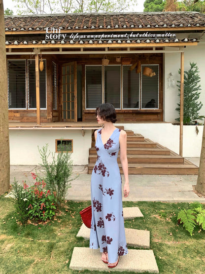 Flower Ripple Printed V-Neck Maxi Dress