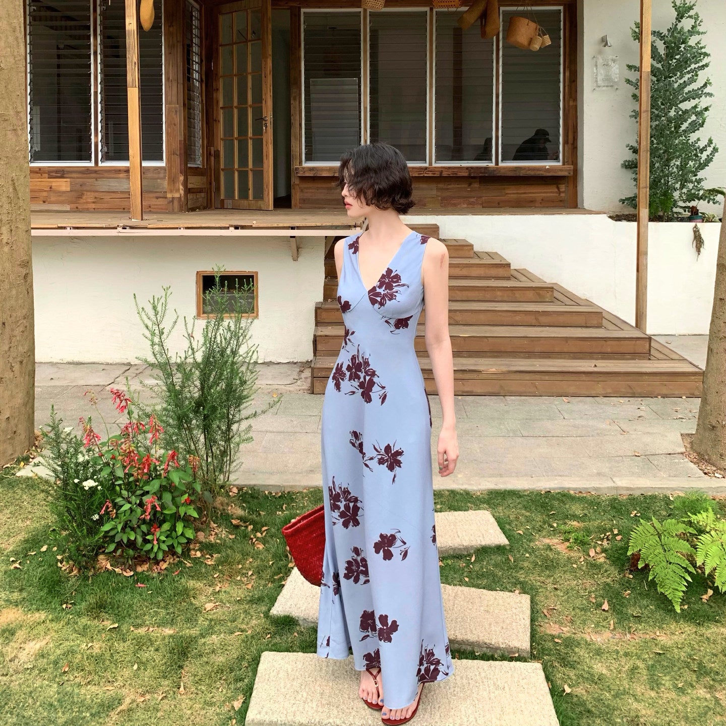 Flower Ripple Printed V-Neck Maxi Dress