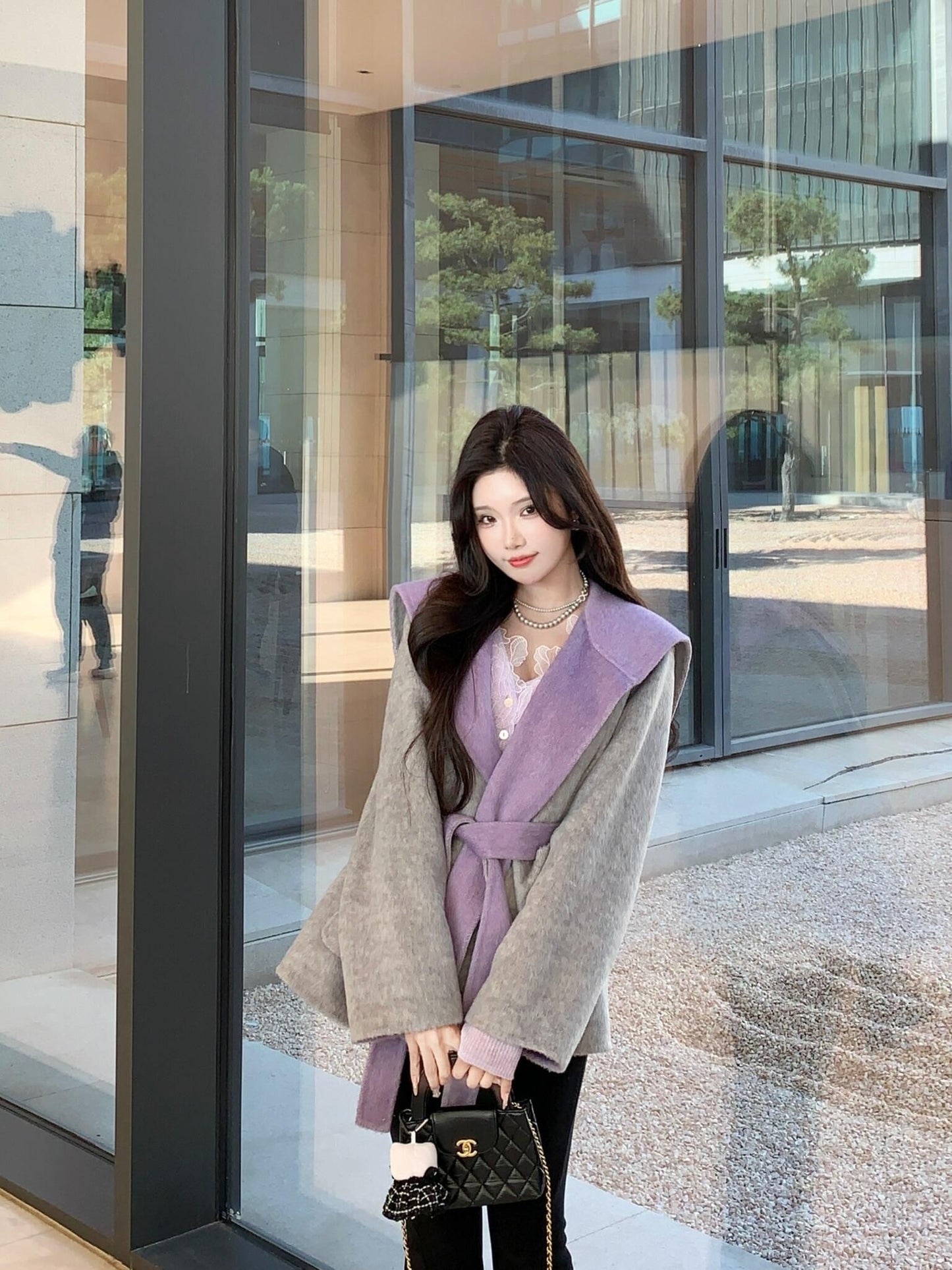 Reversible Cashmere Coat – Petite Lace-Up Woolen Winter Jacket