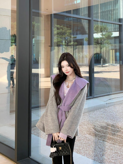 Reversible Cashmere Coat – Petite Lace-Up Woolen Winter Jacket