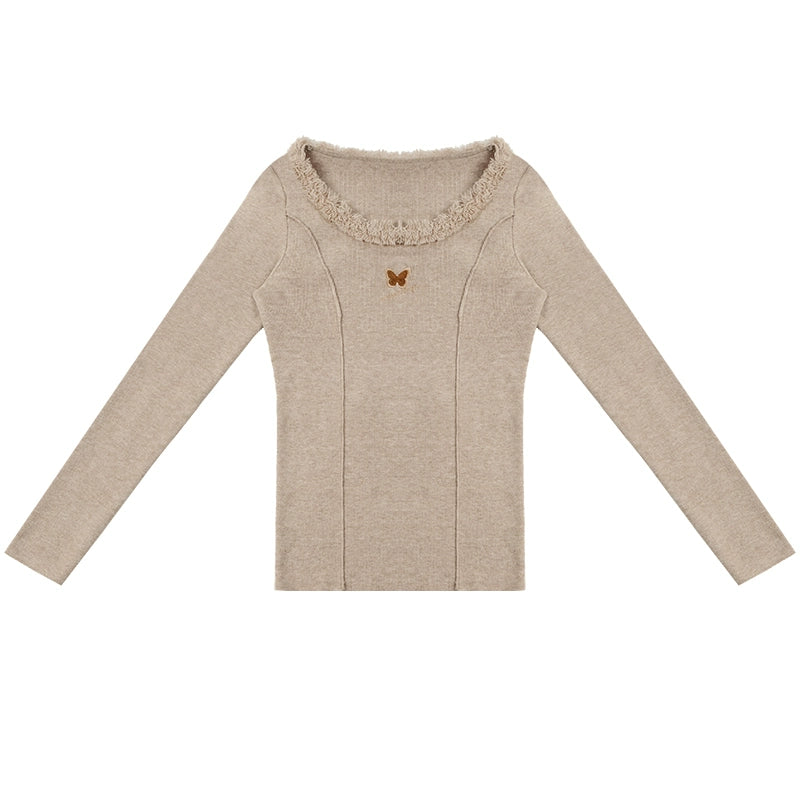 Butterfly Embroidered Khaki Knit Top | High Neck Slim Fit Design for Autumn/Winter