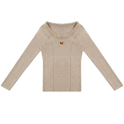 Butterfly Embroidered Khaki Knit Top | High Neck Slim Fit Design for Autumn/Winter