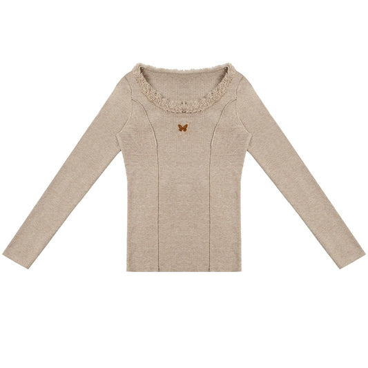 Butterfly Embroidered Khaki Knit Top | High Neck Slim Fit Design for Autumn/Winter