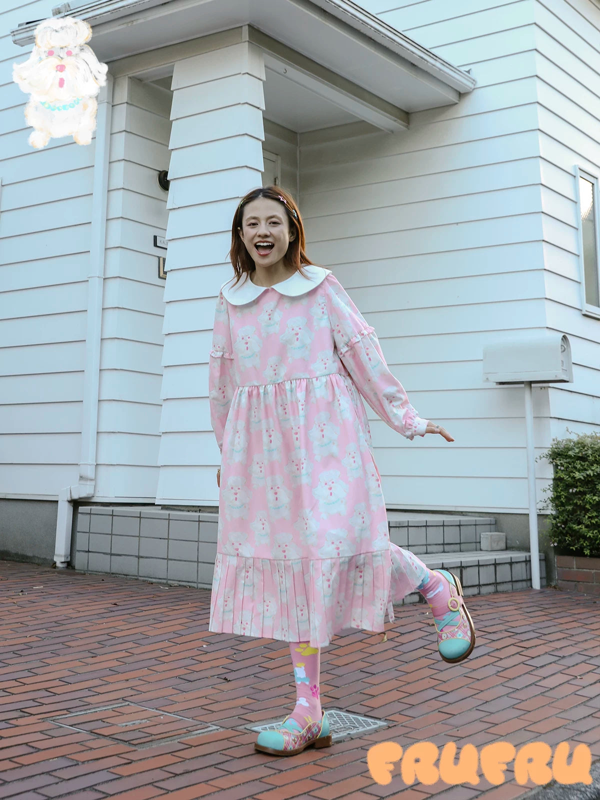 Gollum Store original design cute autumn cartoon puppy print pink dress