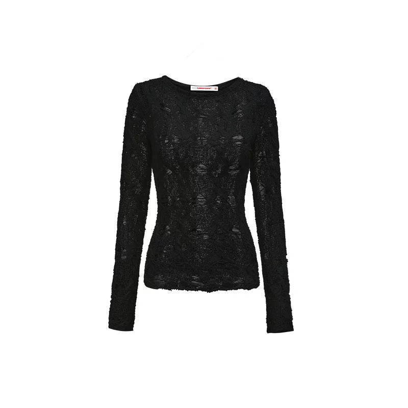 Cutout Sheer Knit Shirt – Lightweight Slim Fit Long Sleeve Top