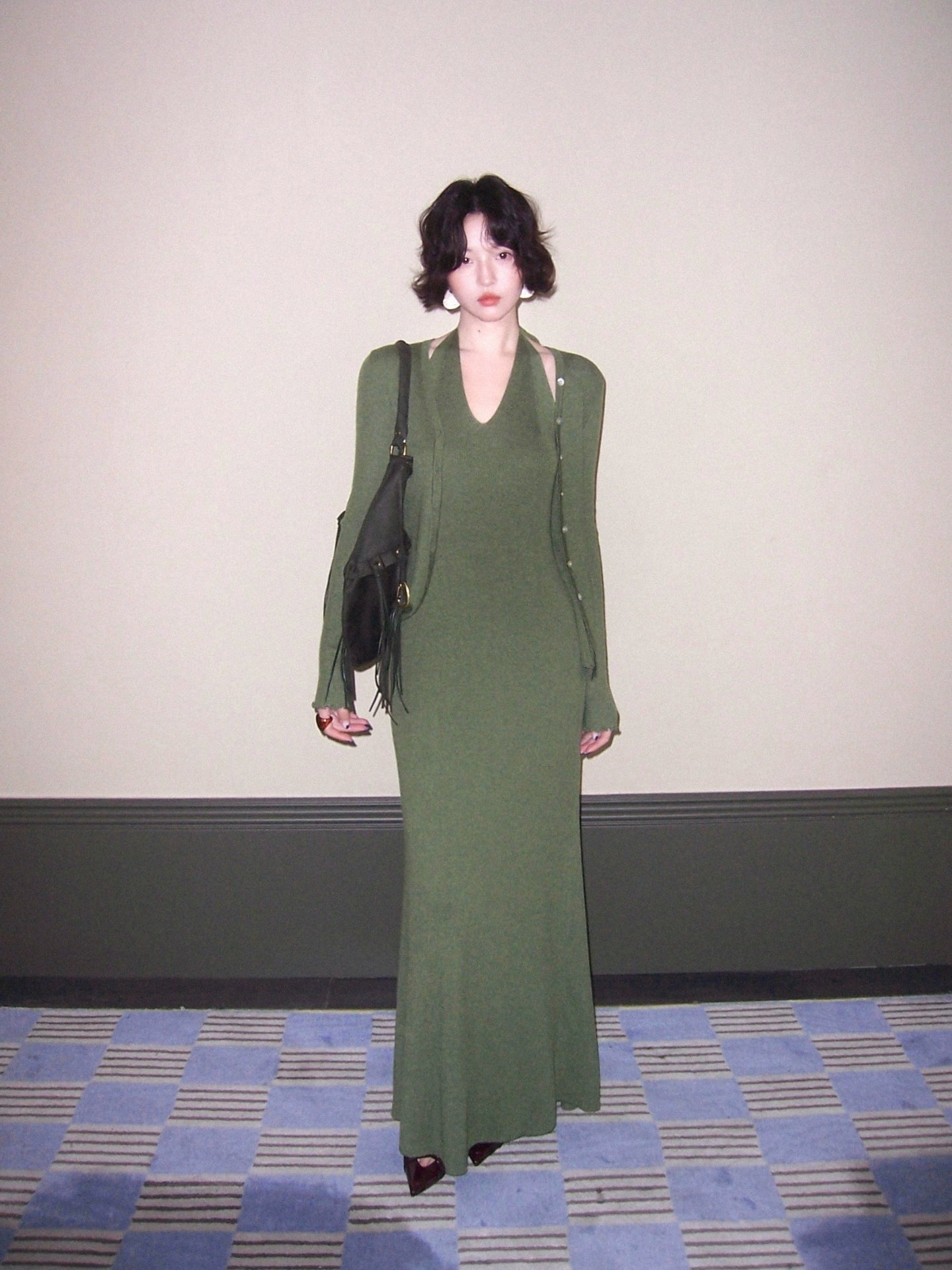 Qingtan Knit Cardigan & Halter Long Dress Set – Hong Kong Retro Autumn Look