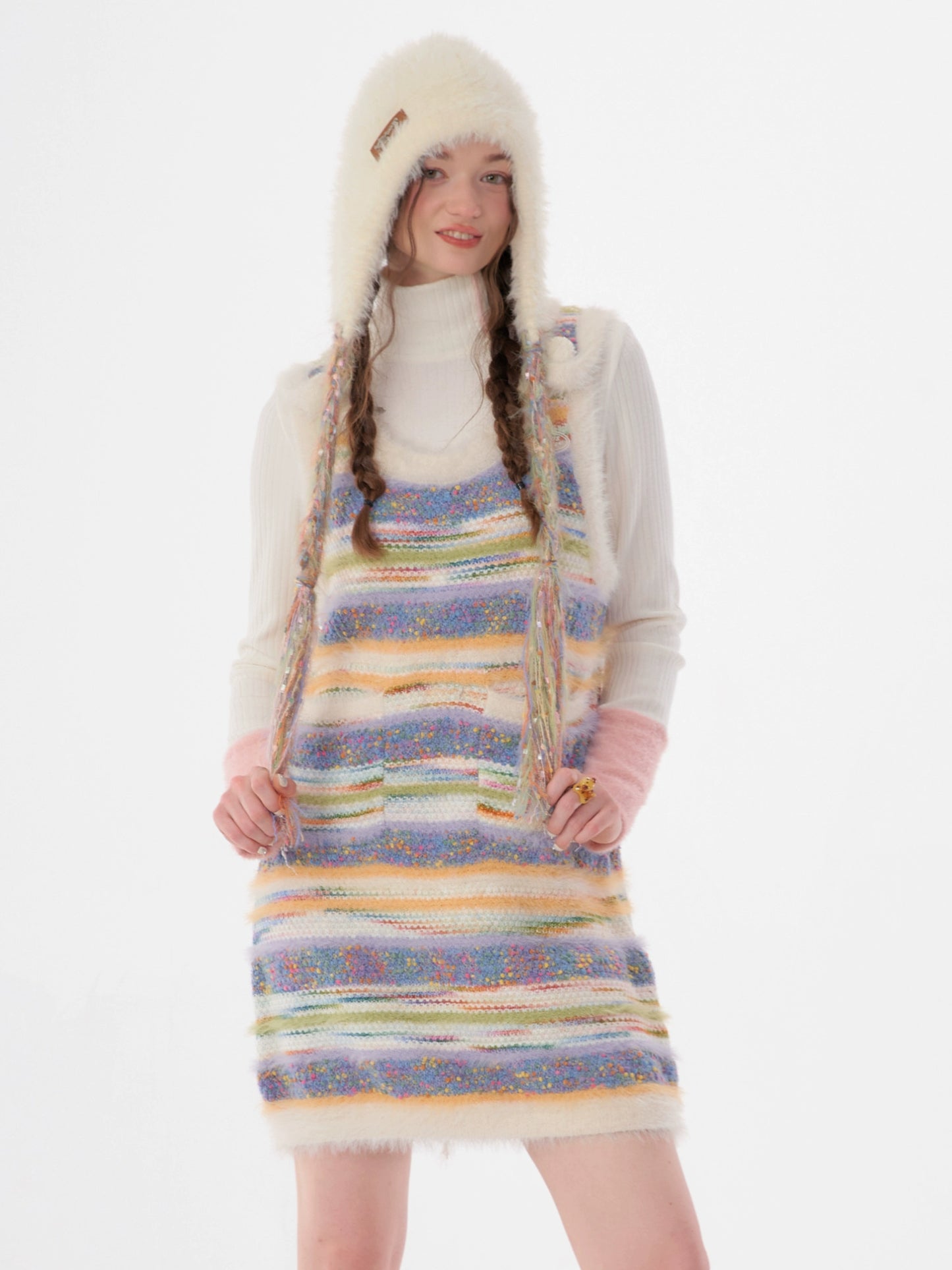 Retro Striped Knitted Tank Dress | Sleeveless Plush Long Skirt for Autumn/Winter