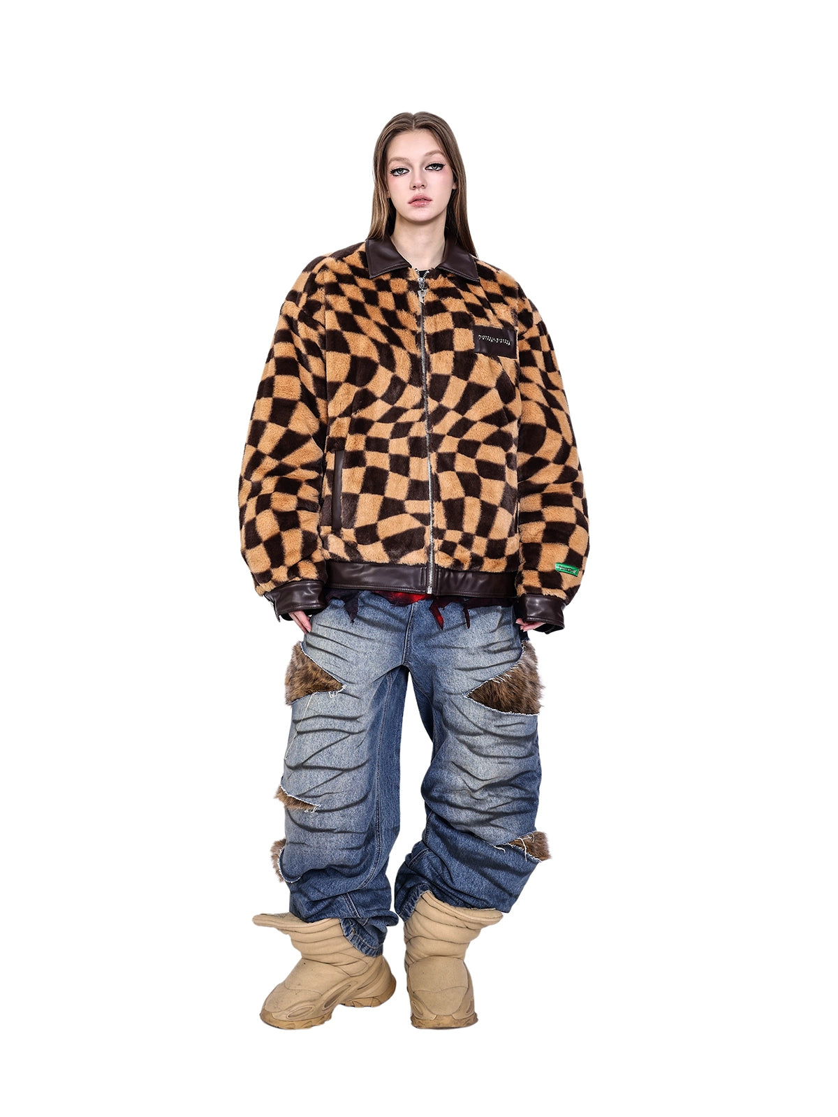 Twisted Checkerboard Plush Panels Chic Fur Coat