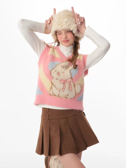 Pink Rabbit Love Knitted Tank Top | Retro V-neck Sweater for Autumn/Winter