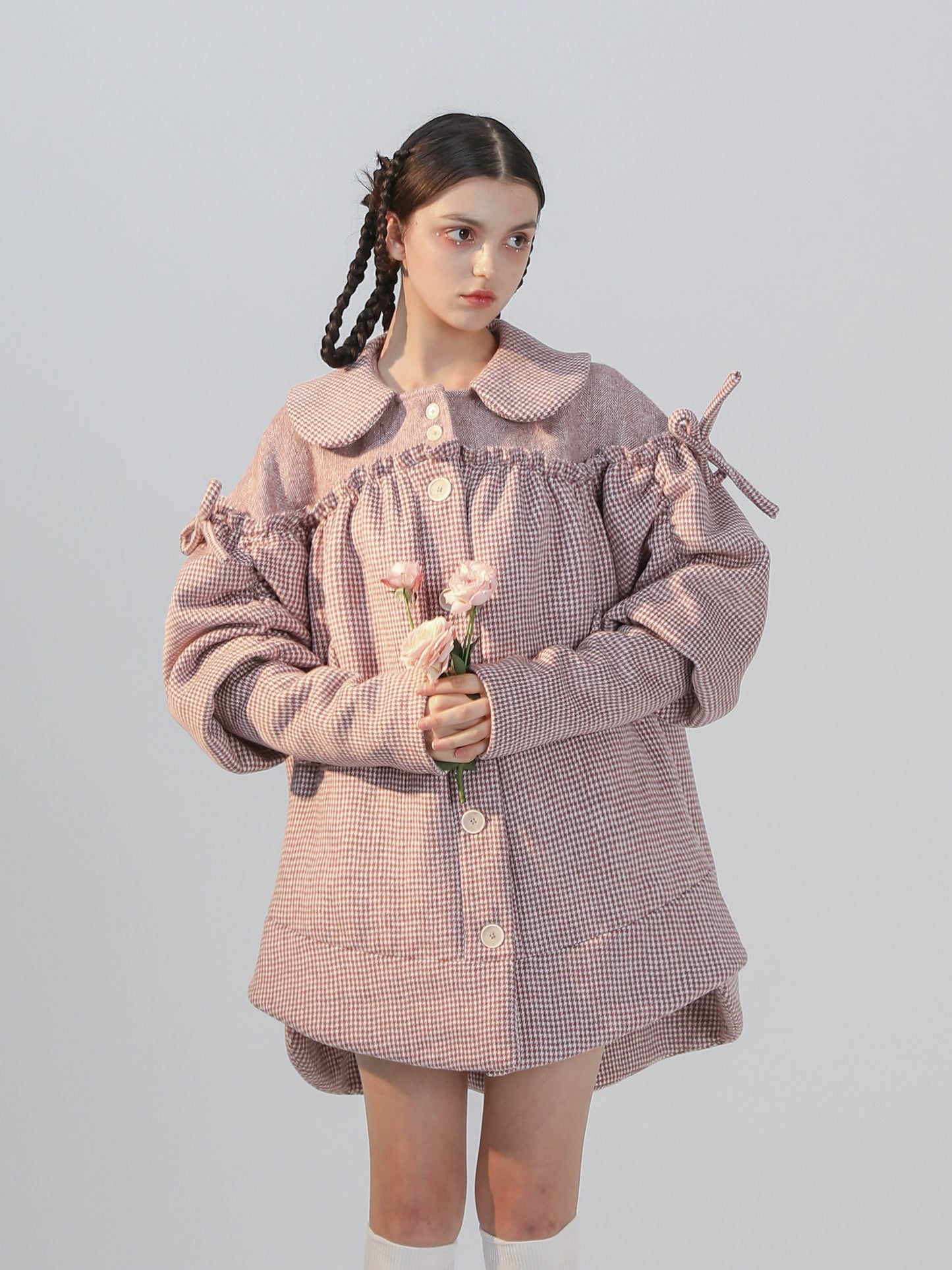 Rasberry Pink Fleece Thousand Bird Plaid Wool Coat Doll Cloak