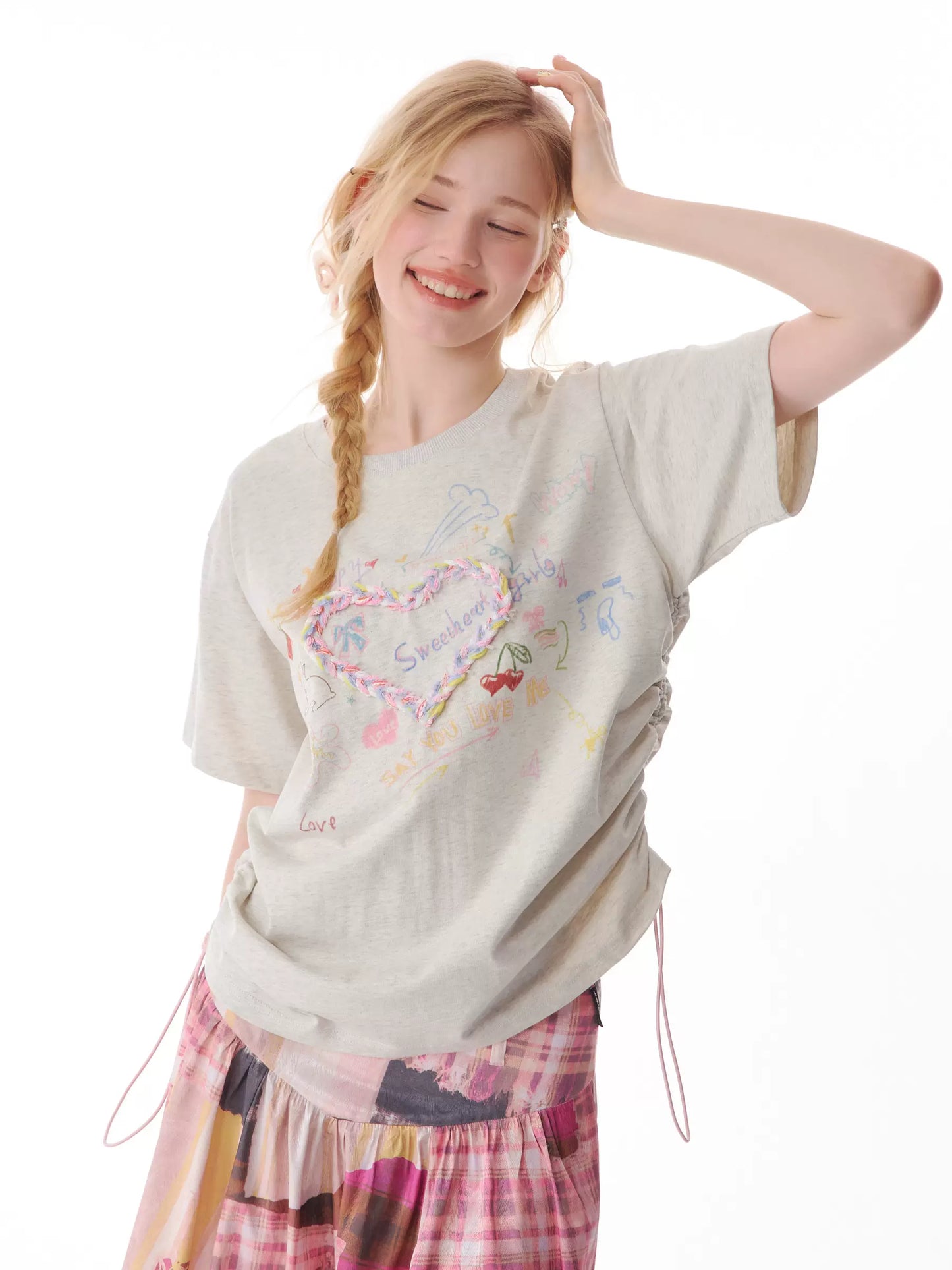 Drawstring Love Print T-shirt | Loose Summer Retro Slim Fit Design