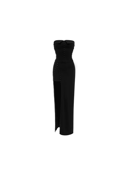 High Slit Hook-Button Bandeau Dress – Sleek & Sexy Evening Look