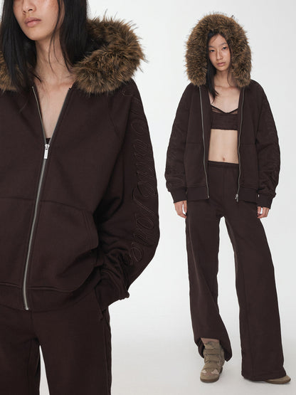 Embroidered Fur Hoodie & Sweatpants Set