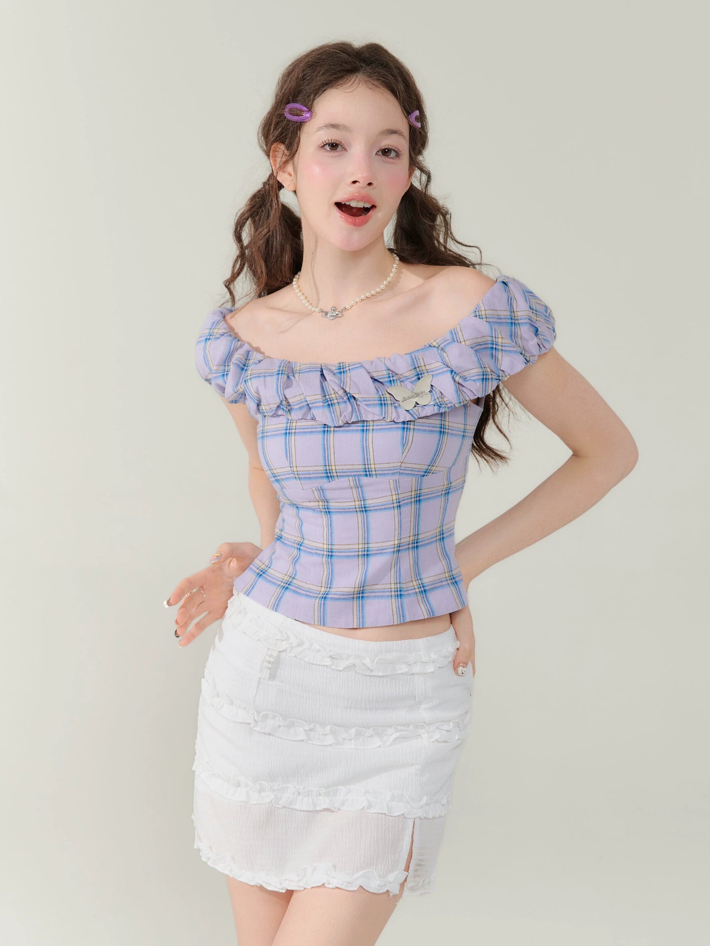 Plaid Single Shoulder Crop Top | Slim Fit Retro T-shirt for Summer