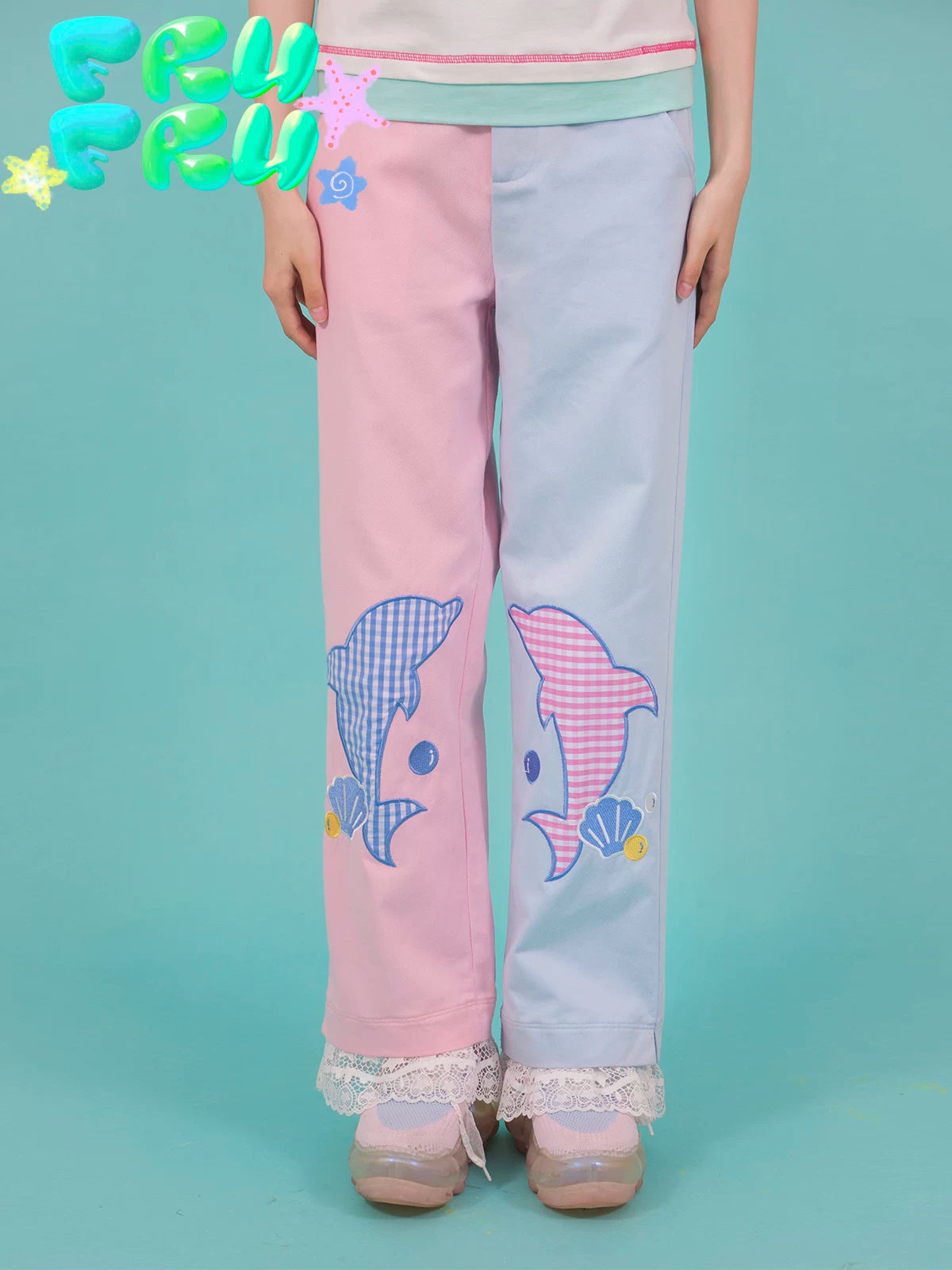 Gollum Store Original Cute Summer Girl Pink Blue Color-Block Dolphin Lace Casual Loose Long Pants
