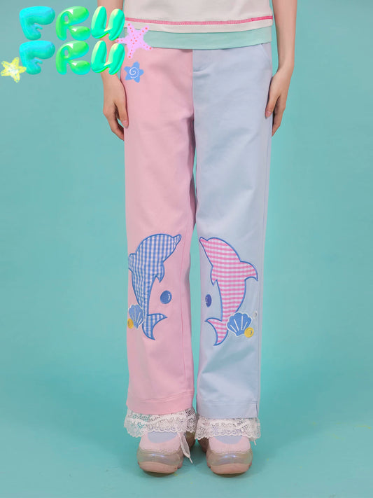 Gollum Store Original Cute Summer Girl Pink Blue Color-Block Dolphin Lace Casual Loose Long Pants
