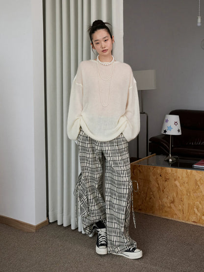 Lazy-looking mohair striped patchwork long-sleeved shirt for women, drop-shoulder loose knit top