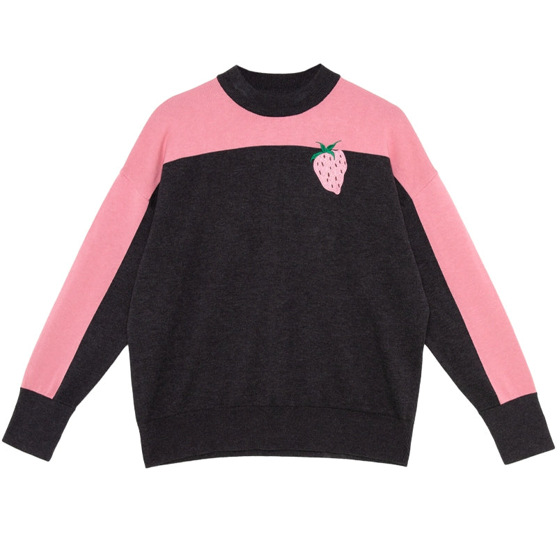 Клубничная вышивка цветовой блок свитер
