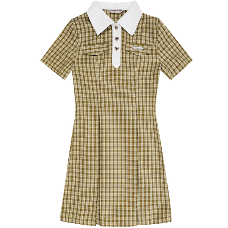 Slim Plaid Polo Collar Yellow Dress - College Style