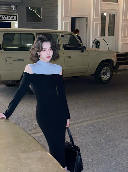 Semi-High Neck Off-Shoulder Knit Dress – Retro Waist-Hugging Silhouette