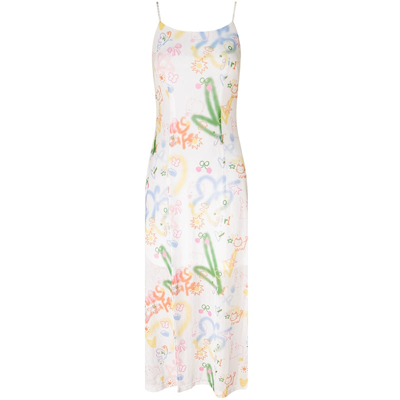 Graffiti Print Strap Dress | Retro Slim Fit Spring/Summer Long Skirt