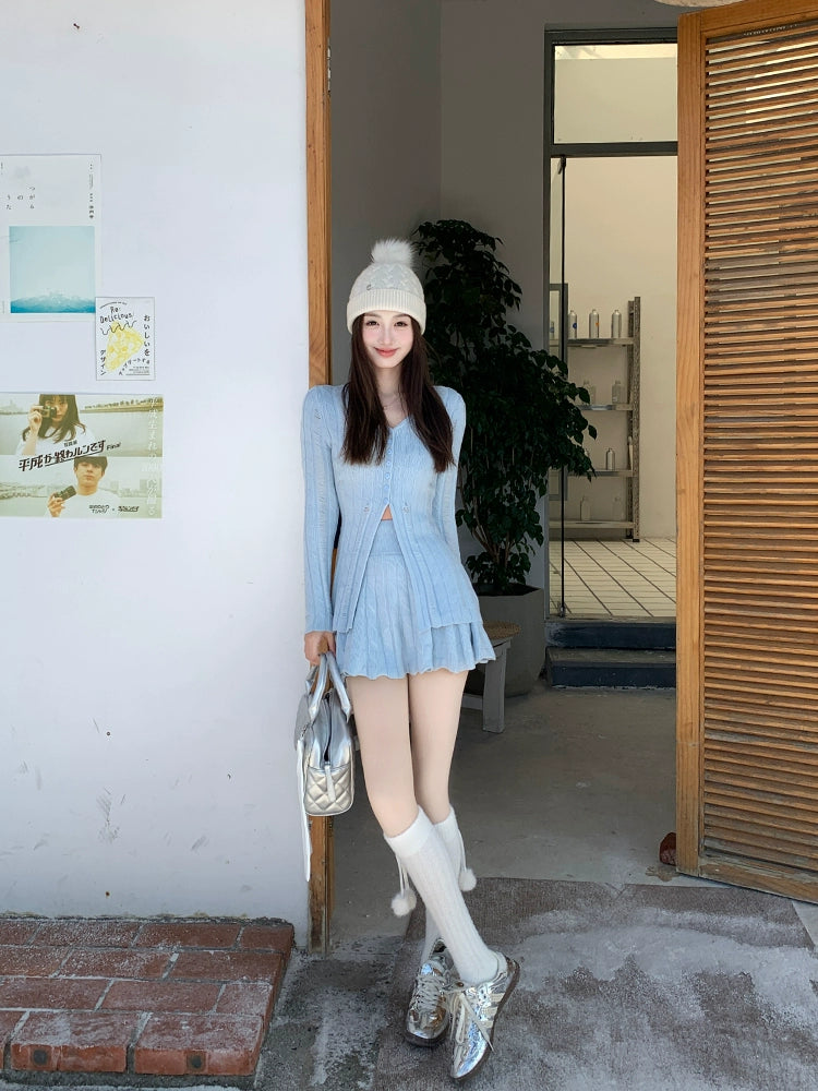 [Oxygen Ballet] V-Neck Knitted Cardigan & Pleated Skirt Set - Winter Two-Piece Style