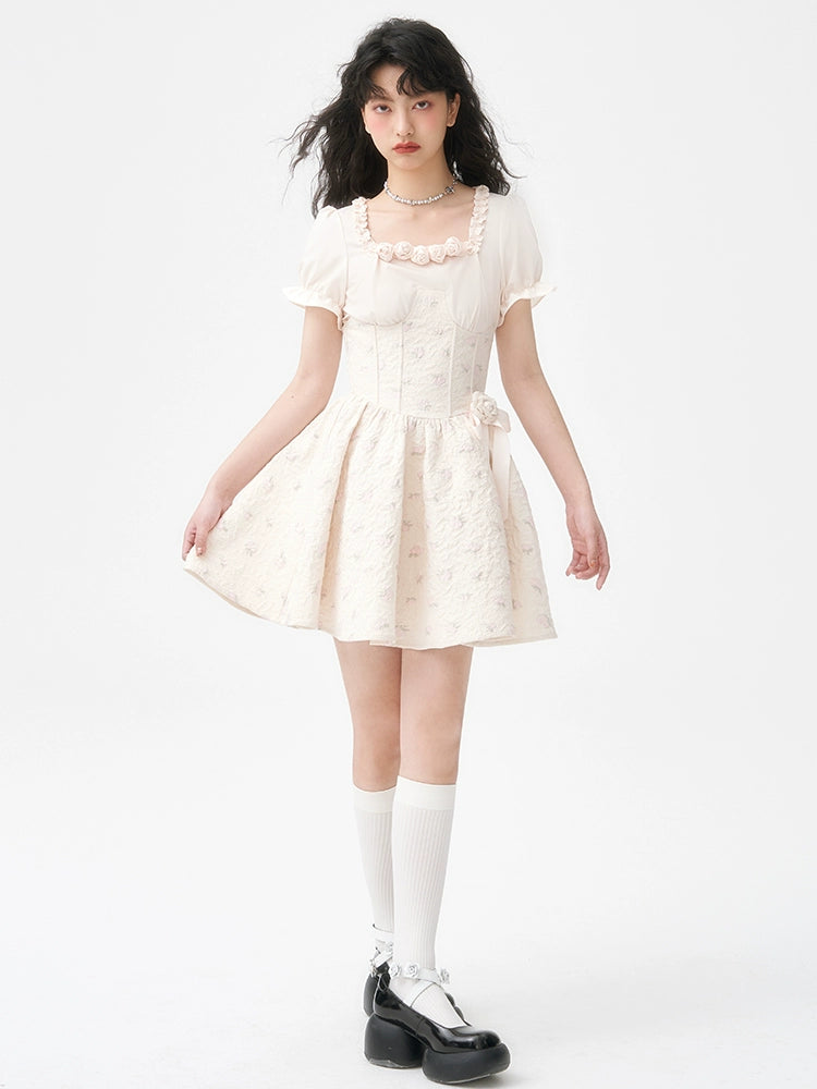 3D Rose Bubble Sleeve Dress